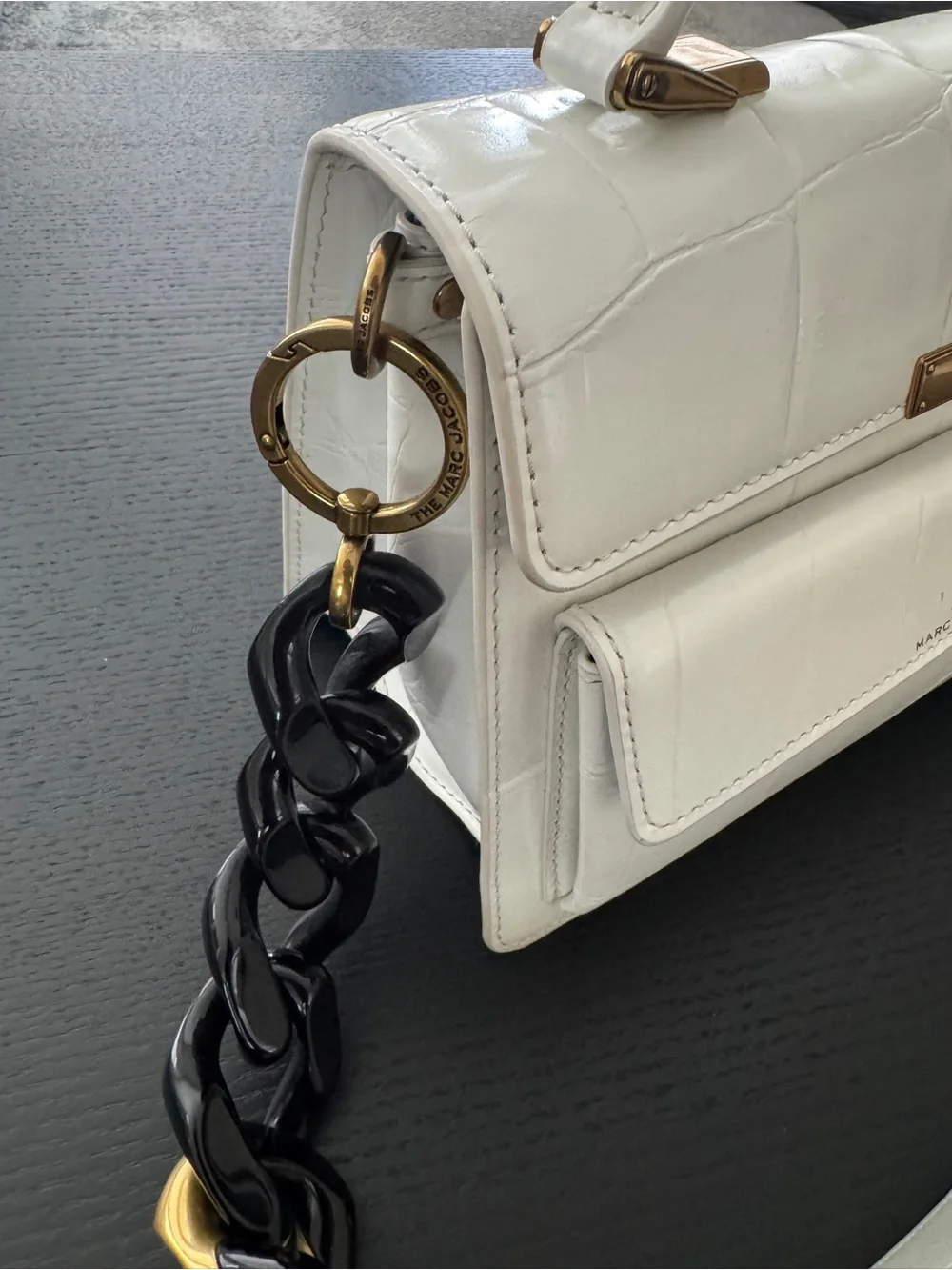 Marc Jacobs White Croc-Embossed Satchel with Black Chain Strap